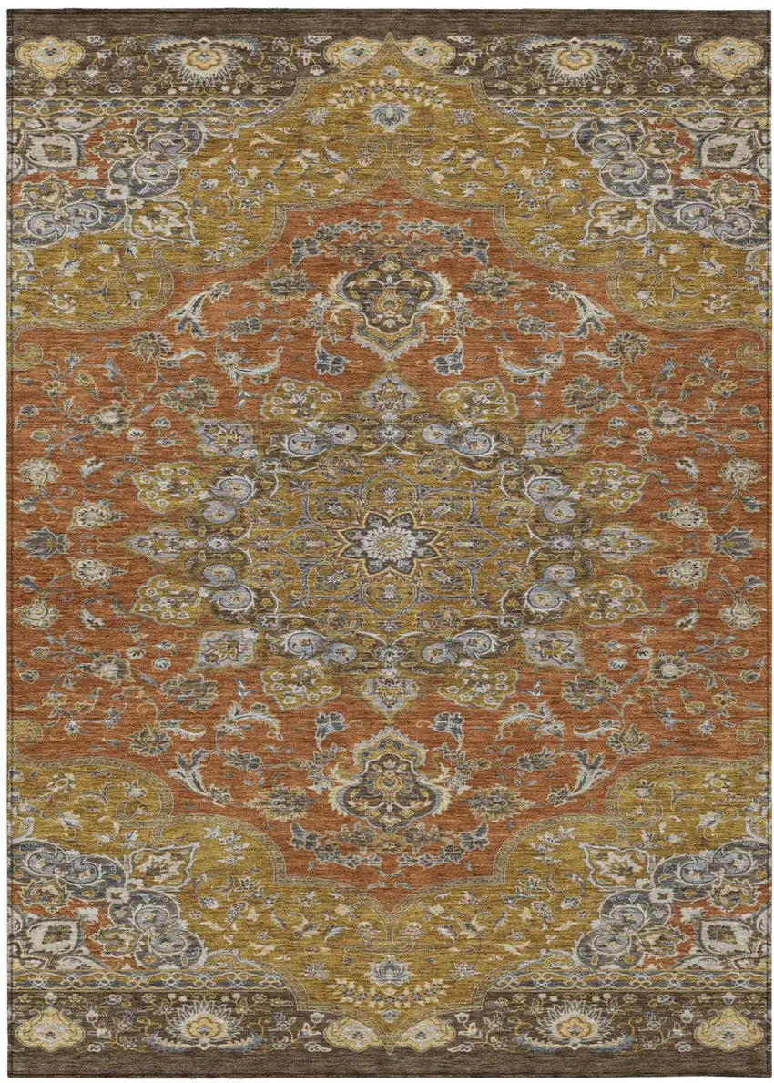 Orange And Gold Oriental Washable Indoor Outdoor Area Rug Photo 2