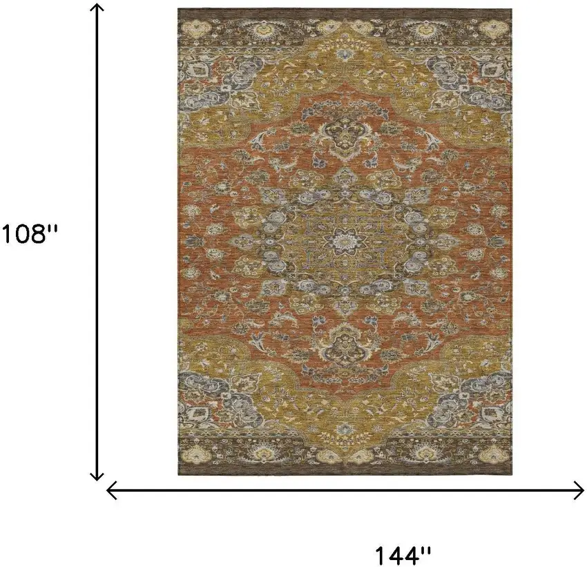 Orange And Gold Oriental Washable Indoor Outdoor Area Rug Photo 5