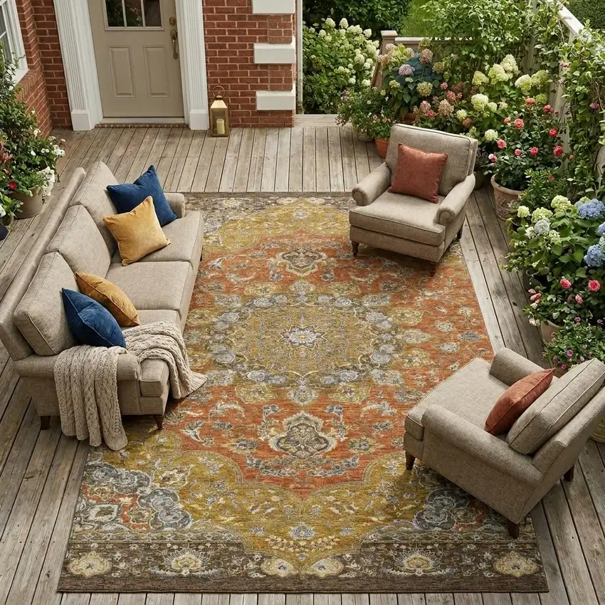 Orange And Gold Oriental Washable Indoor Outdoor Area Rug Photo 1