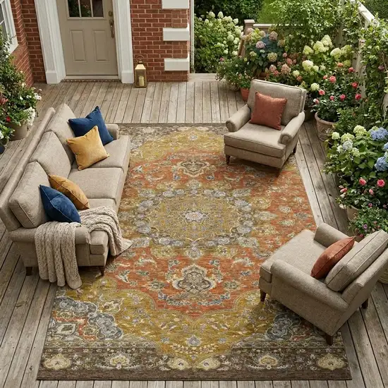 Orange And Gold Oriental Washable Indoor Outdoor Area Rug Photo 1