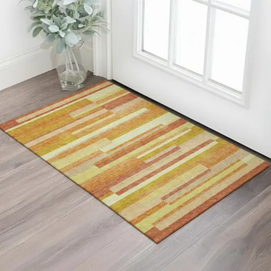 Orange And Gold Striped Washable Area Rug With UV Protection Photo 2