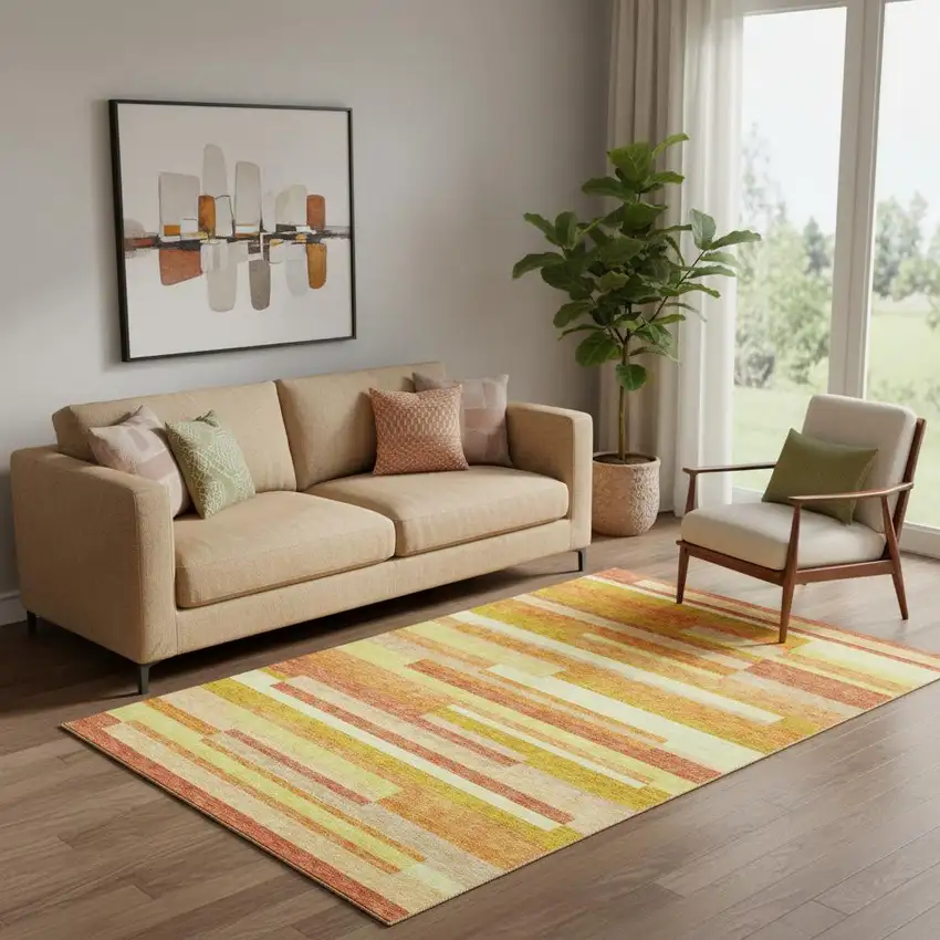 Orange And Gold Striped Washable Area Rug With UV Protection Photo 1