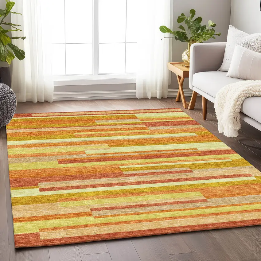Orange And Gold Striped Washable Area Rug With UV Protection Photo 5