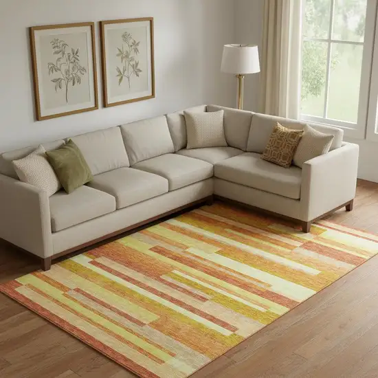 Orange And Gold Striped Washable Area Rug With UV Protection Photo 1