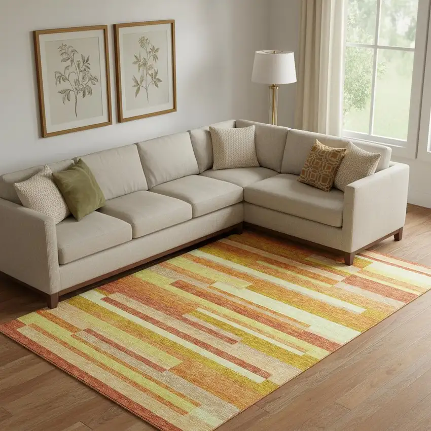 Orange And Gold Striped Washable Area Rug With UV Protection Photo 1