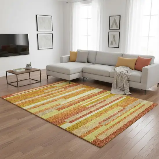 Orange And Gold Striped Washable Area Rug With UV Protection Photo 2