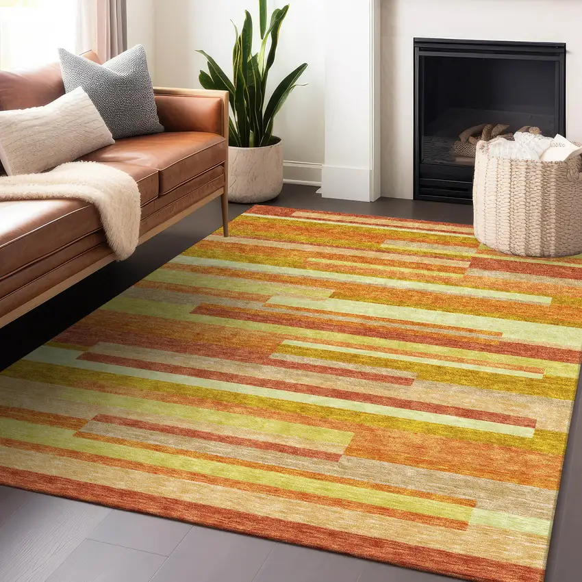 Orange And Gold Striped Washable Area Rug With UV Protection Photo 6