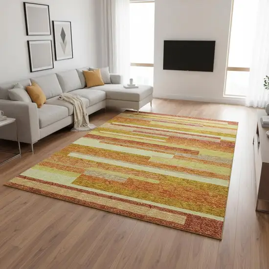 Orange And Gold Striped Washable Area Rug With UV Protection Photo 2