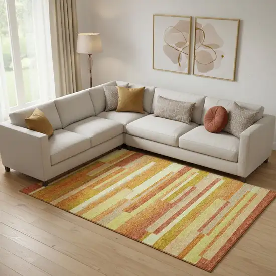 Orange And Gold Striped Washable Area Rug With UV Protection Photo 1