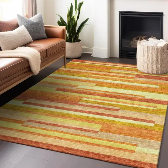 Orange And Gold Striped Washable Area Rug With UV Protection Photo 6