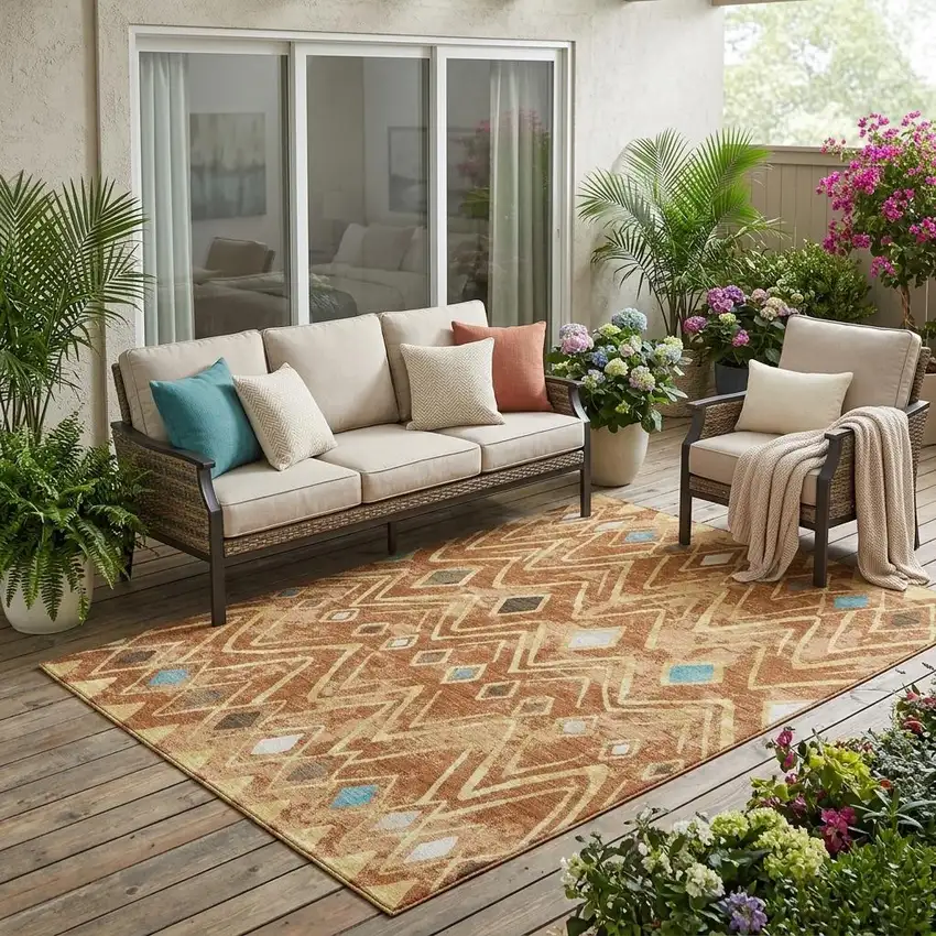 Orange And Graphite Geometric Washable Indoor Outdoor Area Rug Photo 1
