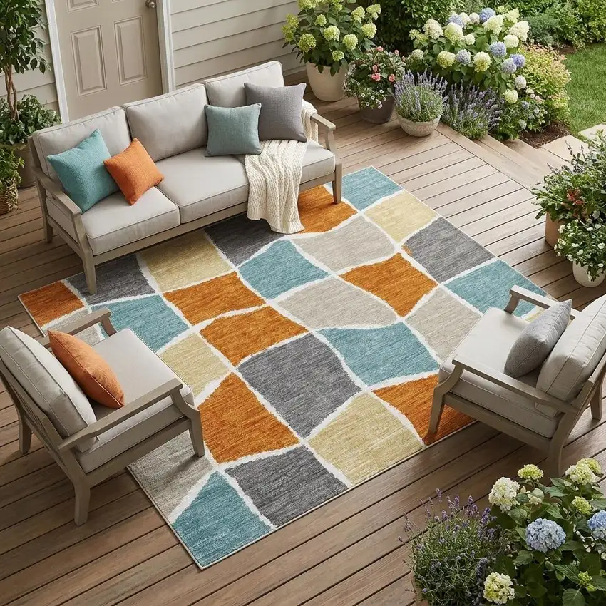 Orange And Graphite Geometric Washable Indoor Outdoor Area Rug Photo 1