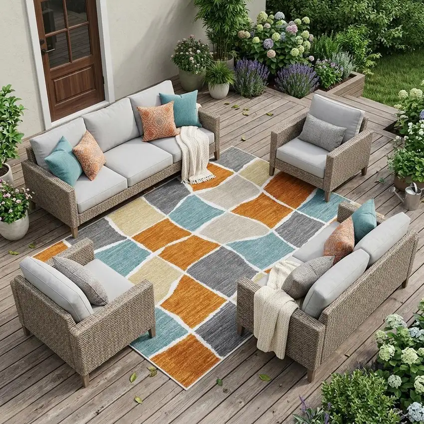 Orange And Graphite Geometric Washable Indoor Outdoor Area Rug Photo 1