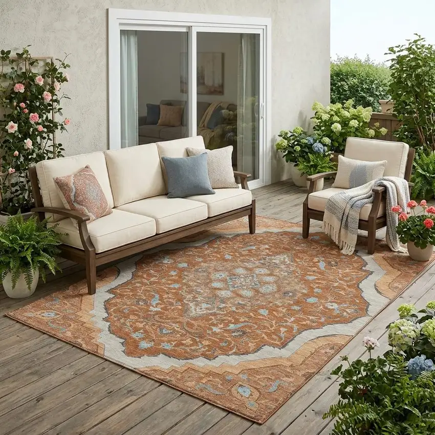 Orange And Graphite Medallion Washable Indoor Outdoor Area Rug Photo 1
