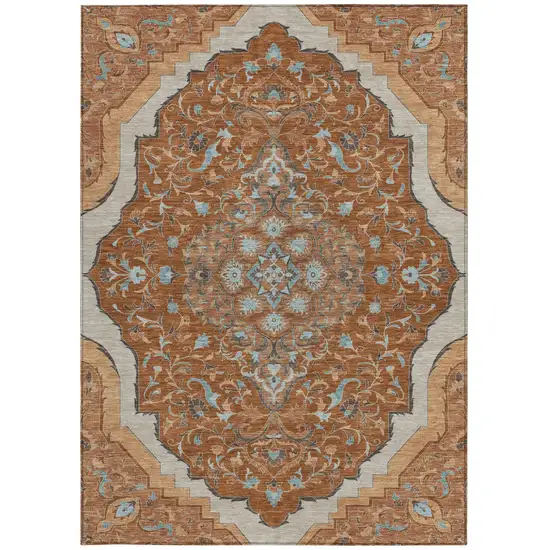 Orange And Graphite Medallion Washable Indoor Outdoor Area Rug Photo 3
