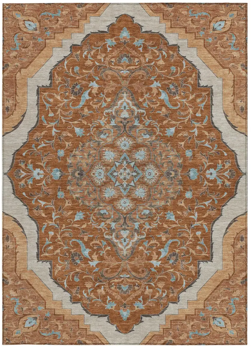 Orange And Graphite Medallion Washable Indoor Outdoor Area Rug Photo 3