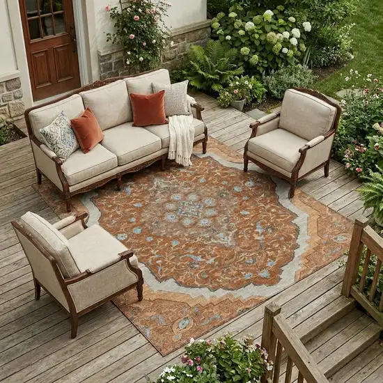 Orange And Graphite Medallion Washable Indoor Outdoor Area Rug Photo 1