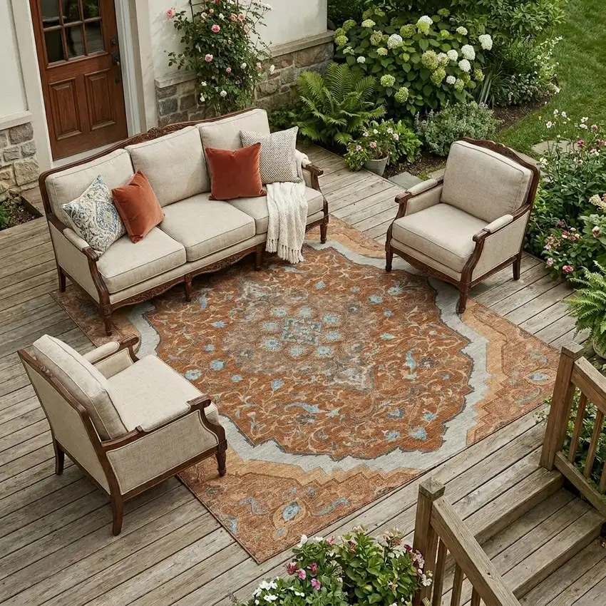 Orange And Graphite Medallion Washable Indoor Outdoor Area Rug Photo 1