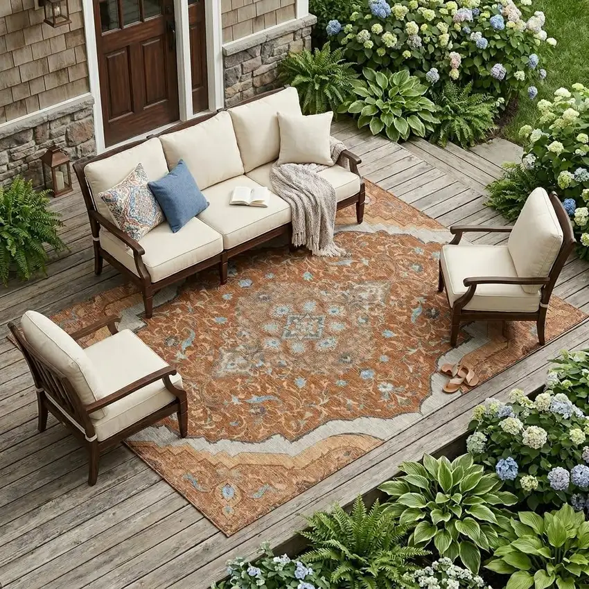 Orange And Graphite Medallion Washable Indoor Outdoor Area Rug Photo 1