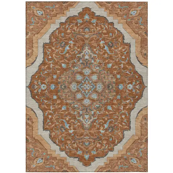 Orange And Graphite Medallion Washable Indoor Outdoor Area Rug Photo 2