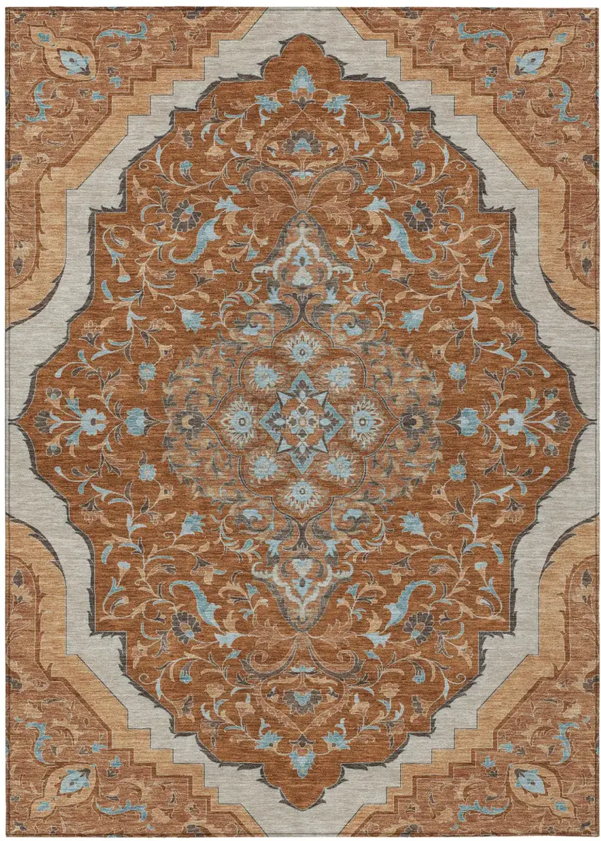 Orange And Graphite Medallion Washable Indoor Outdoor Area Rug Photo 2