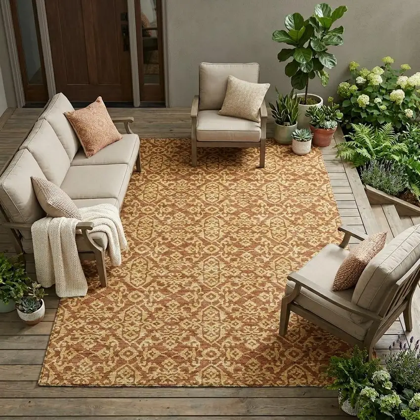 Orange And Graphite Oriental Washable Indoor Outdoor Area Rug Photo 1