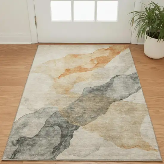 Orange And Gray Abstract Washable Area Rug With UV Protection Photo 2