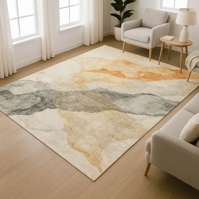 Orange And Gray Abstract Washable Area Rug With UV Protection Photo 6