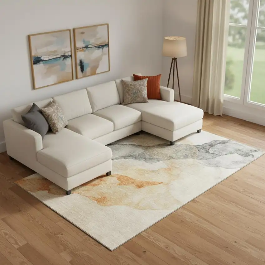 Orange And Gray Abstract Washable Area Rug With UV Protection Photo 2