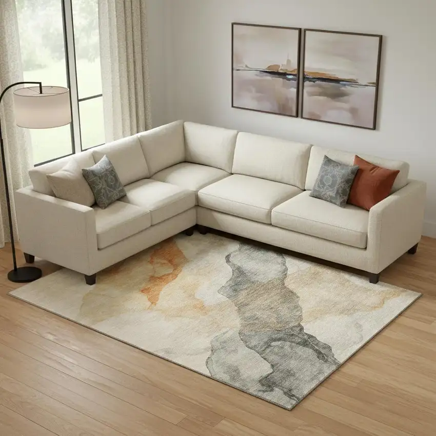 Orange And Gray Abstract Washable Area Rug With UV Protection Photo 2