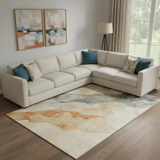 Orange And Gray Abstract Washable Area Rug With UV Protection Photo 2