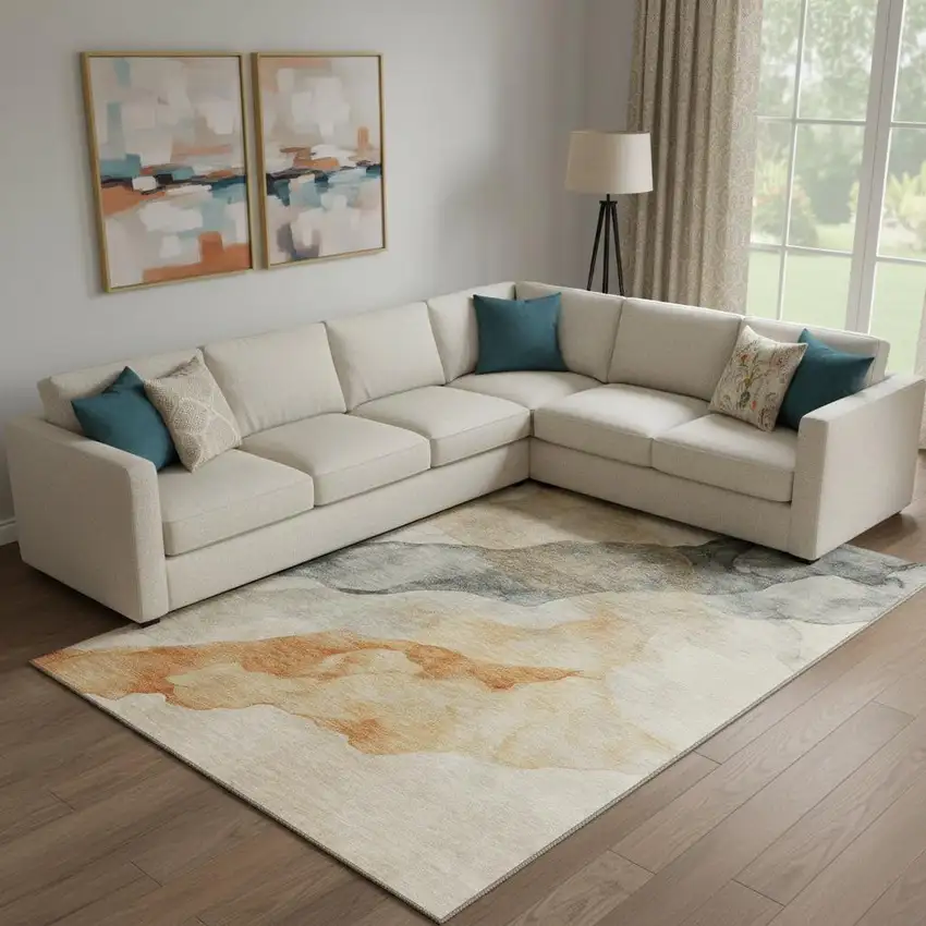 Orange And Gray Abstract Washable Area Rug With UV Protection Photo 2