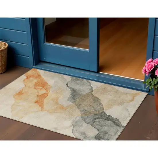 Orange And Gray Abstract Washable Indoor Outdoor Area Rug Photo 2