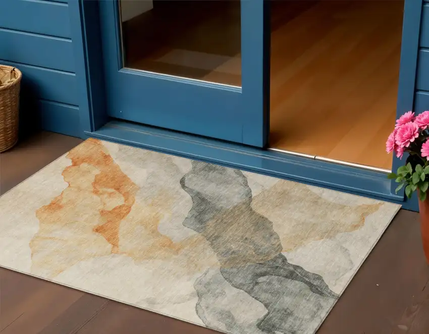 Orange And Gray Abstract Washable Indoor Outdoor Area Rug Photo 2