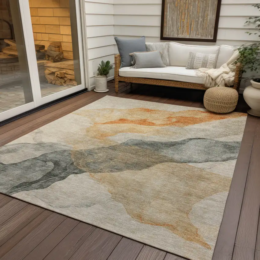 Orange And Gray Abstract Washable Indoor Outdoor Area Rug Photo 5