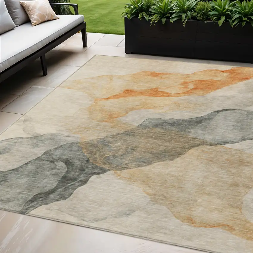 Orange And Gray Abstract Washable Indoor Outdoor Area Rug Photo 2