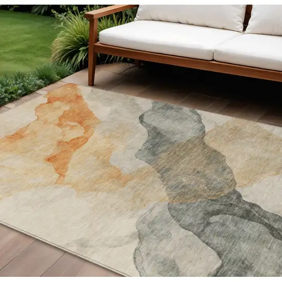 Orange And Gray Abstract Washable Indoor Outdoor Area Rug Photo 2