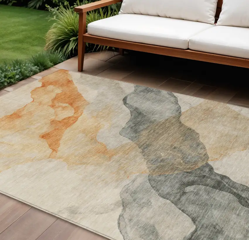 Orange And Gray Abstract Washable Indoor Outdoor Area Rug Photo 2