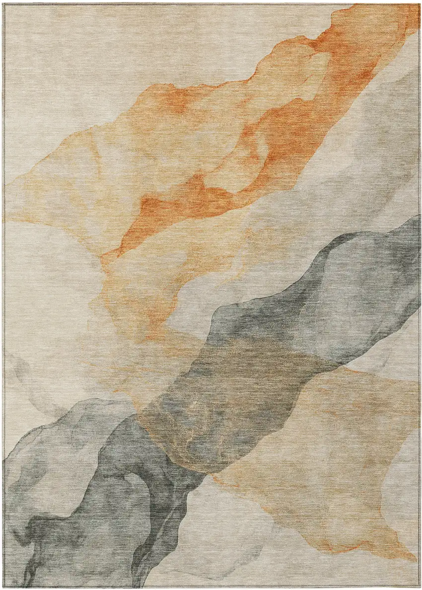 Orange And Gray Abstract Washable Indoor Outdoor Area Rug Photo 1