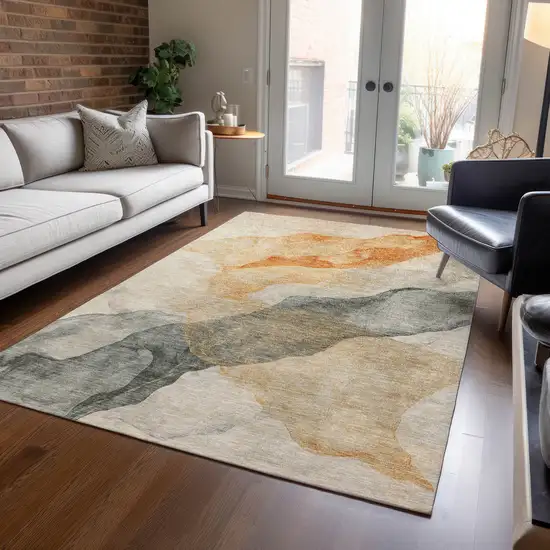 Orange And Gray Abstract Washable Indoor Outdoor Area Rug Photo 6