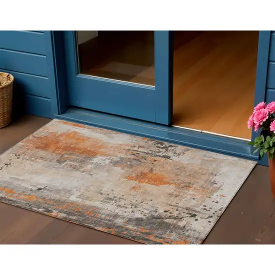 Orange And Gray Abstract Washable Indoor Outdoor Area Rug Photo 2
