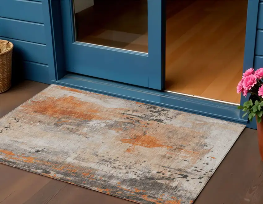 Orange And Gray Abstract Washable Indoor Outdoor Area Rug Photo 2