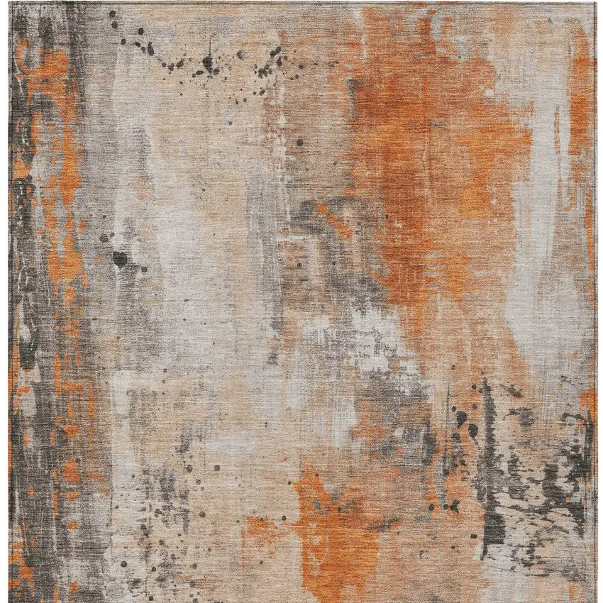 Orange And Gray Abstract Washable Indoor Outdoor Area Rug Photo 1