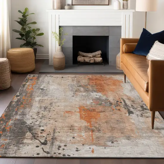 Orange And Gray Abstract Washable Indoor Outdoor Area Rug Photo 6