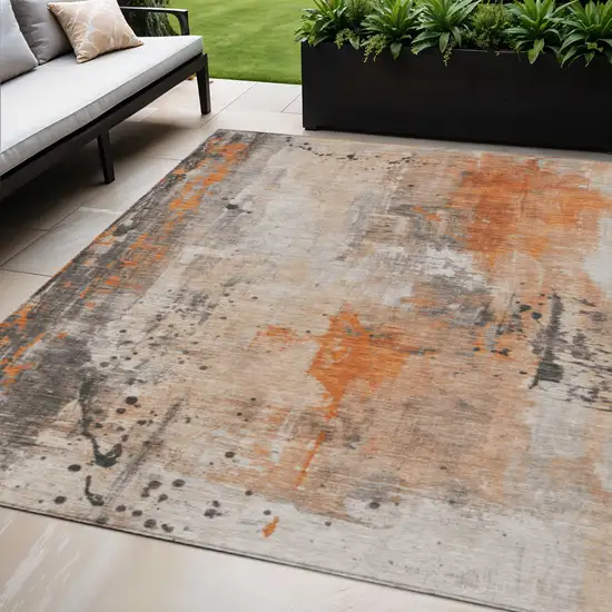 Orange And Gray Abstract Washable Indoor Outdoor Area Rug Photo 2