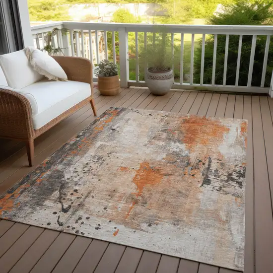Orange And Gray Abstract Washable Indoor Outdoor Area Rug Photo 5