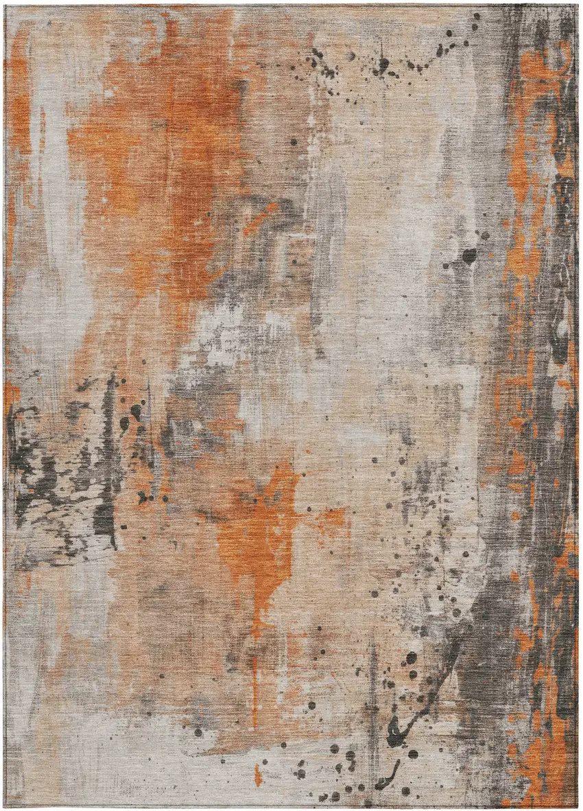 Orange And Gray Abstract Washable Indoor Outdoor Area Rug Photo 9