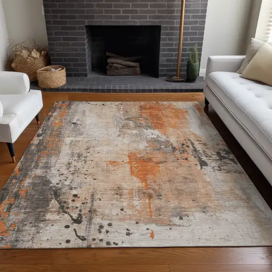 Orange And Gray Abstract Washable Indoor Outdoor Area Rug Photo 7