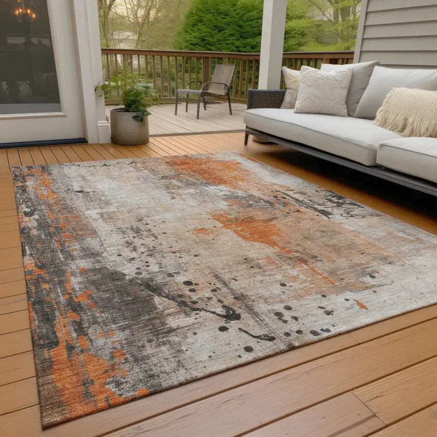 Orange And Gray Abstract Washable Indoor Outdoor Area Rug Photo 7