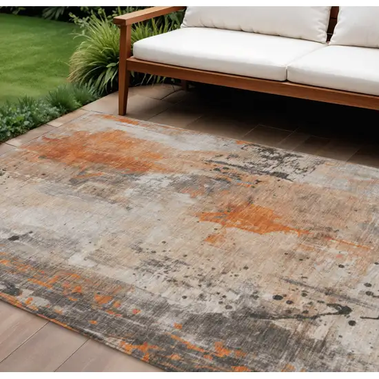 Orange And Gray Abstract Washable Indoor Outdoor Area Rug Photo 2